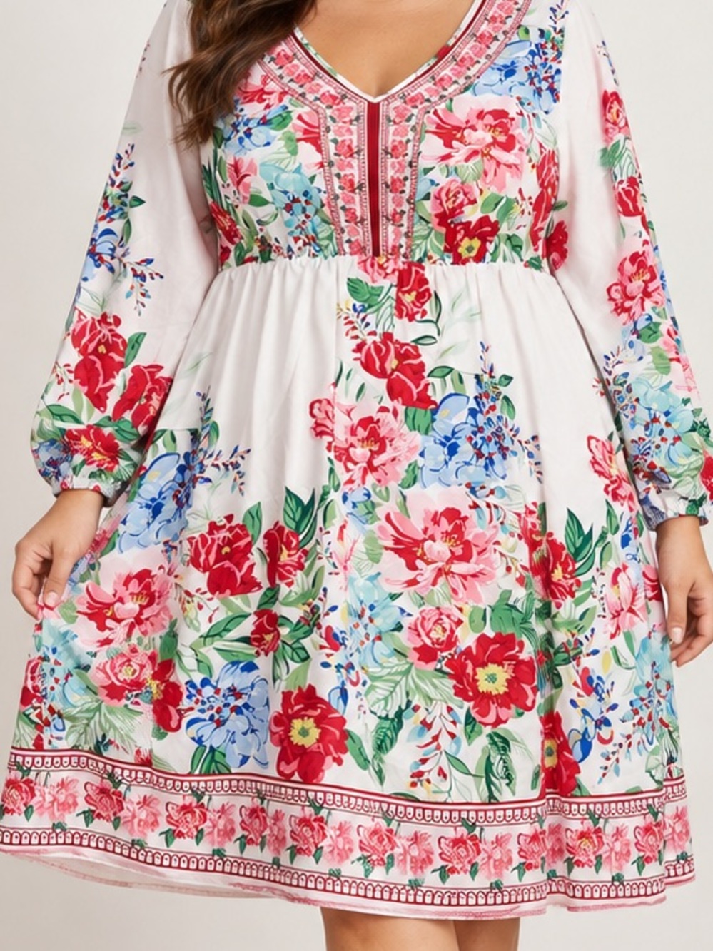 Floral V-Neck Long Sleeve Swing Dress - White with Red & Pink Blooms